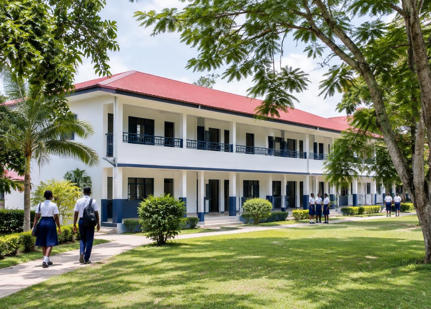 Representative school campus with tropical trees and open verandas